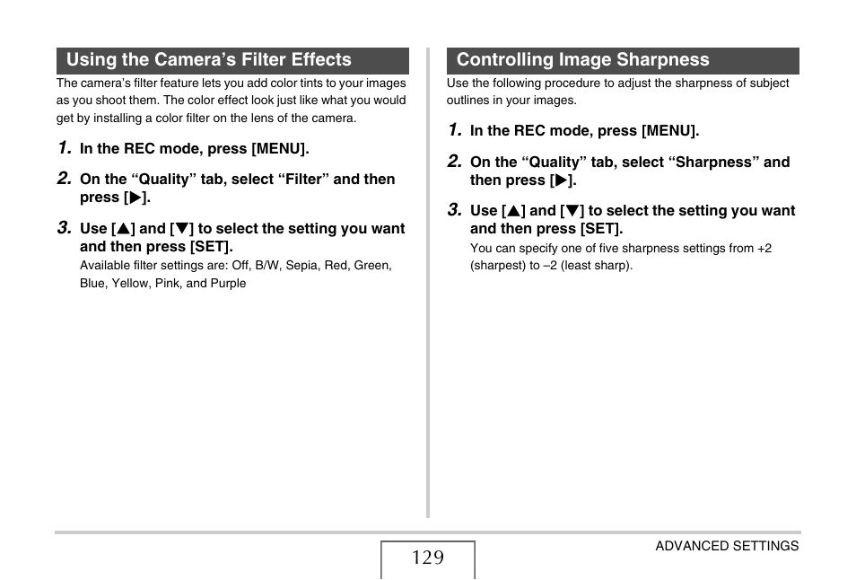 Using the camera’s filter effects, Controlling image sharpness | Casio EX-S770 User Manual | Page 129 / 290