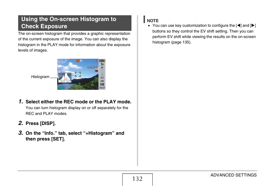 Using the on-screen histogram to check exposure | Casio EX-S770 User Manual | Page 132 / 290