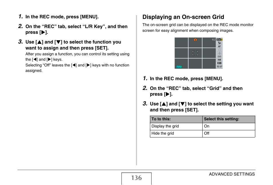 Displaying an on-screen grid | Casio EX-S770 User Manual | Page 136 / 290