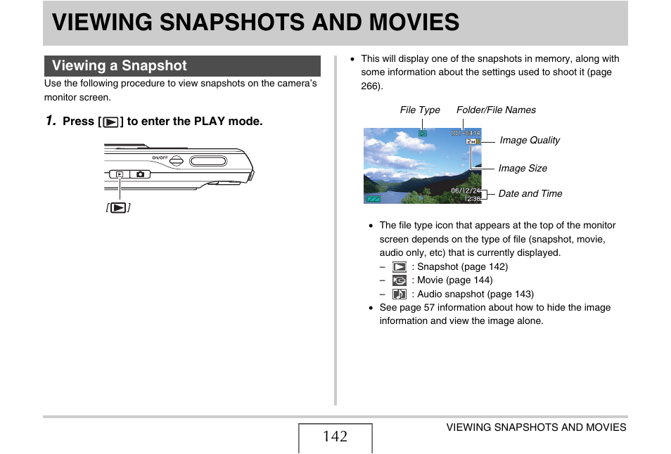 Viewing snapshots and movies, Viewing a snapshot | Casio EX-S770 User Manual | Page 142 / 290