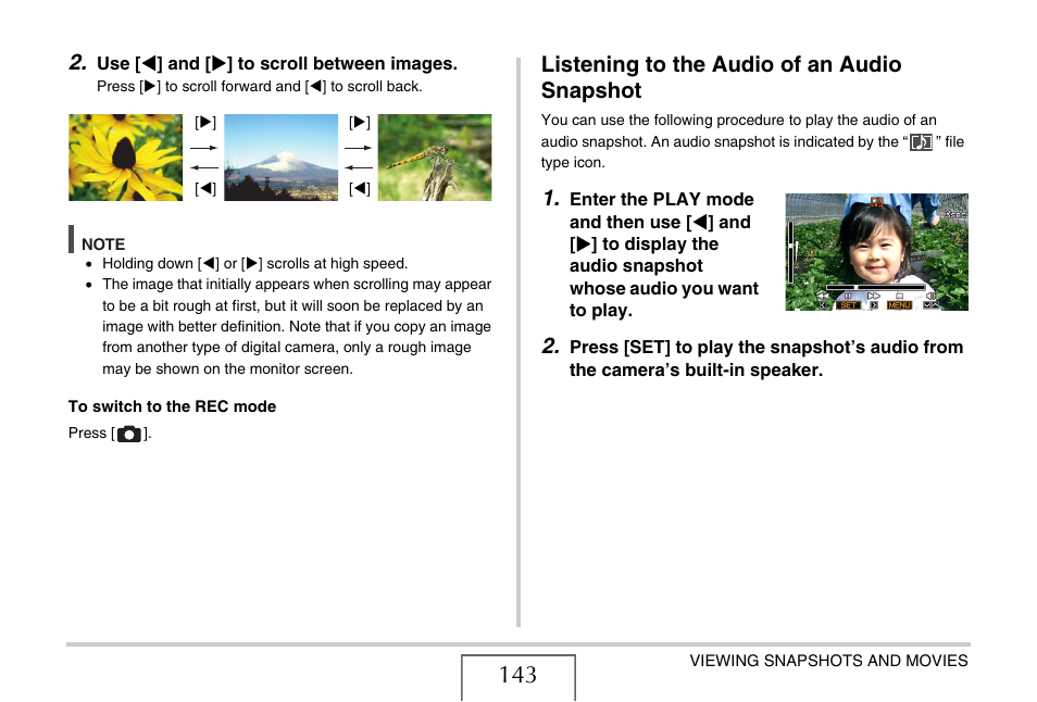 Listening to the audio of an audio snapshot, E 143) | Casio EX-S770 User Manual | Page 143 / 290