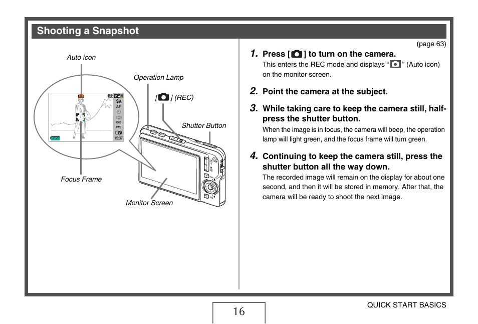 Shooting a snapshot, Shooting a, Snapshot” on | E 16 | Casio EX-S770 User Manual | Page 16 / 290