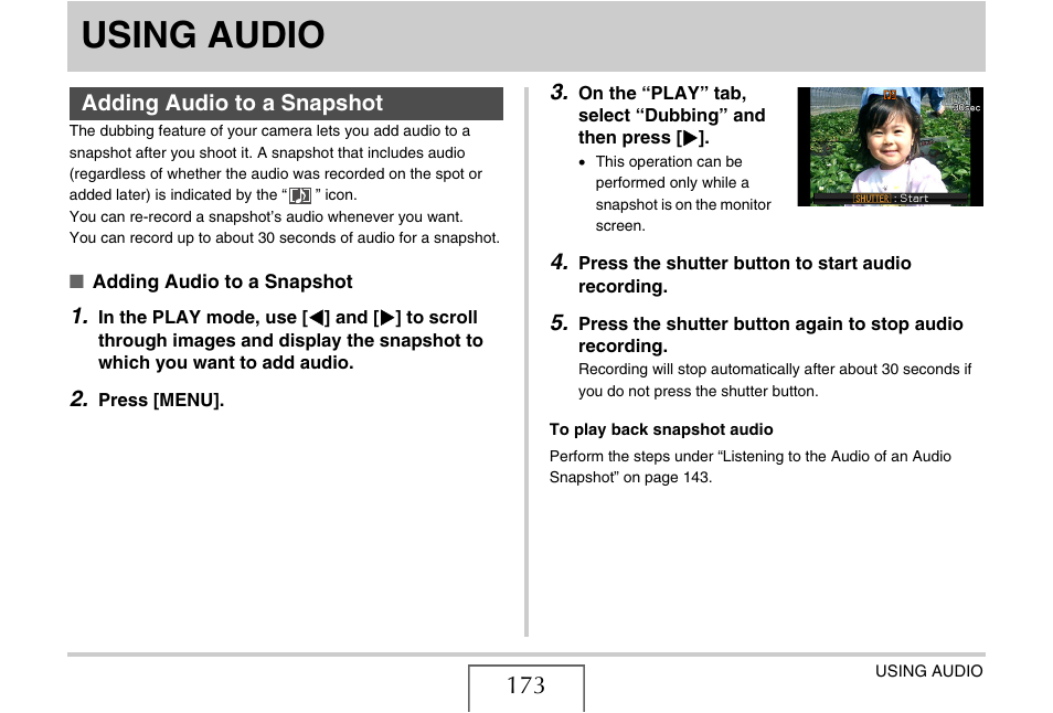 Using audio, Adding audio to a snapshot | Casio EX-S770 User Manual | Page 173 / 290