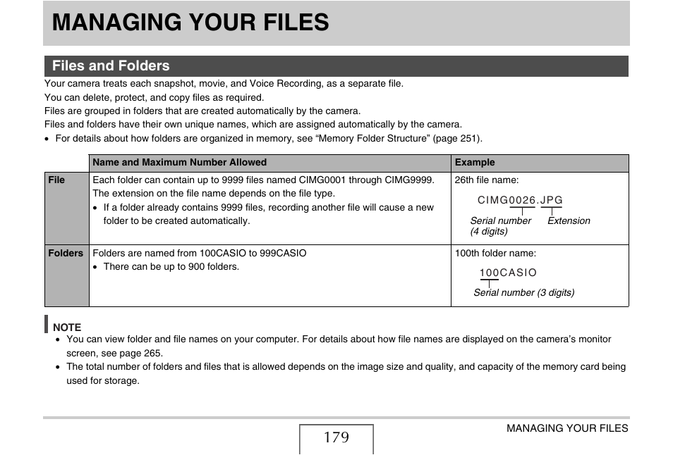 Managing your files, Files and folders | Casio EX-S770 User Manual | Page 179 / 290