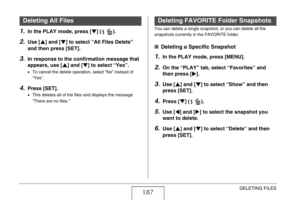 Deleting all files, Deleting favorite folder snapshots | Casio EX-S770 User Manual | Page 187 / 290