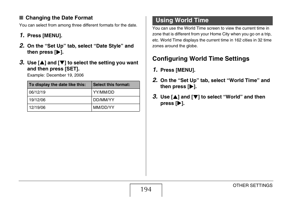 Using world time, Configuring world time settings, Configuring world time settings 1 | Casio EX-S770 User Manual | Page 194 / 290