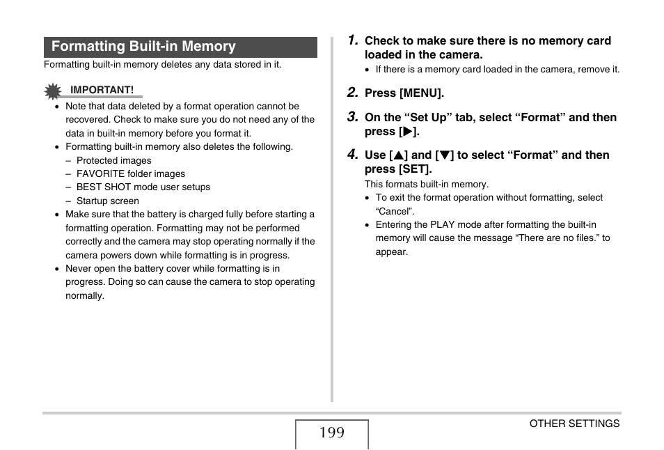 Formatting built-in memory | Casio EX-S770 User Manual | Page 199 / 290