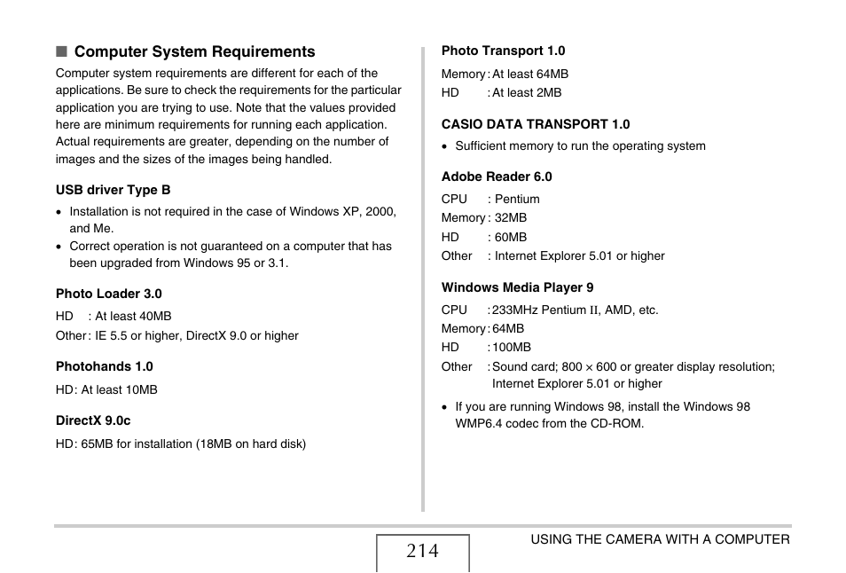 Computer system requirements | Casio EX-S770 User Manual | Page 214 / 290