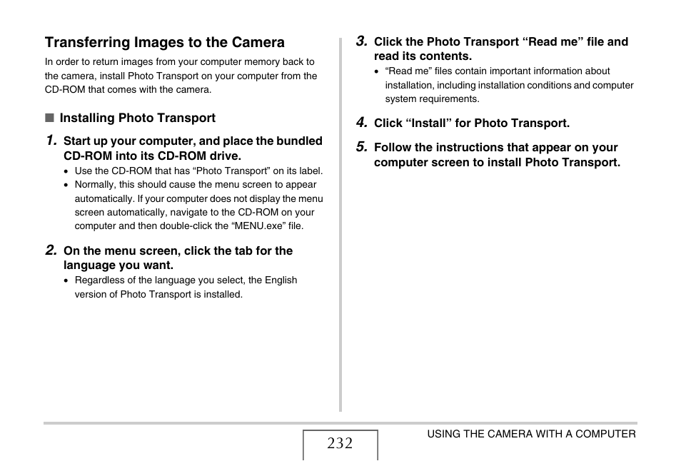 Transferring images to the camera | Casio EX-S770 User Manual | Page 232 / 290