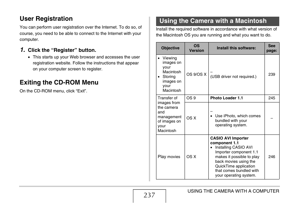 User registration, Exiting the cd-rom menu, Using the camera with a macintosh | E “using the camera with a macintosh, Using the camera with a, Macintosh | Casio EX-S770 User Manual | Page 237 / 290