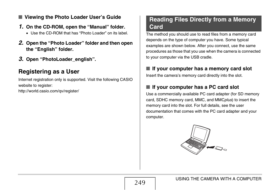 Registering as a user, Reading files directly from a memory card | Casio EX-S770 User Manual | Page 249 / 290