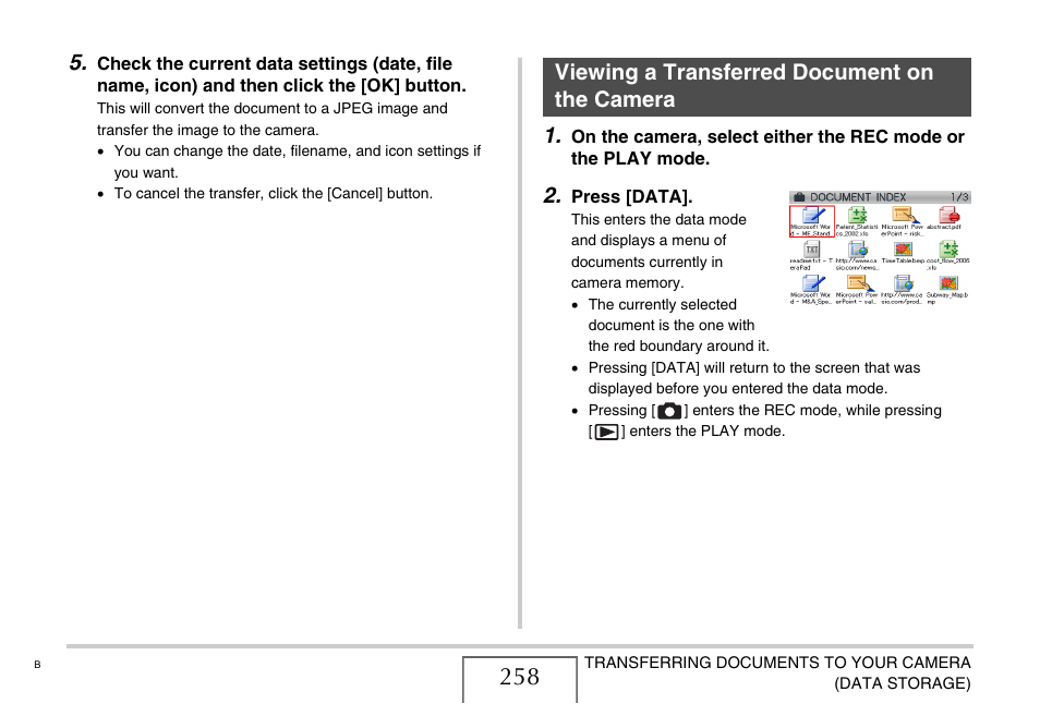 Viewing a transferred document on the camera | Casio EX-S770 User Manual | Page 258 / 290