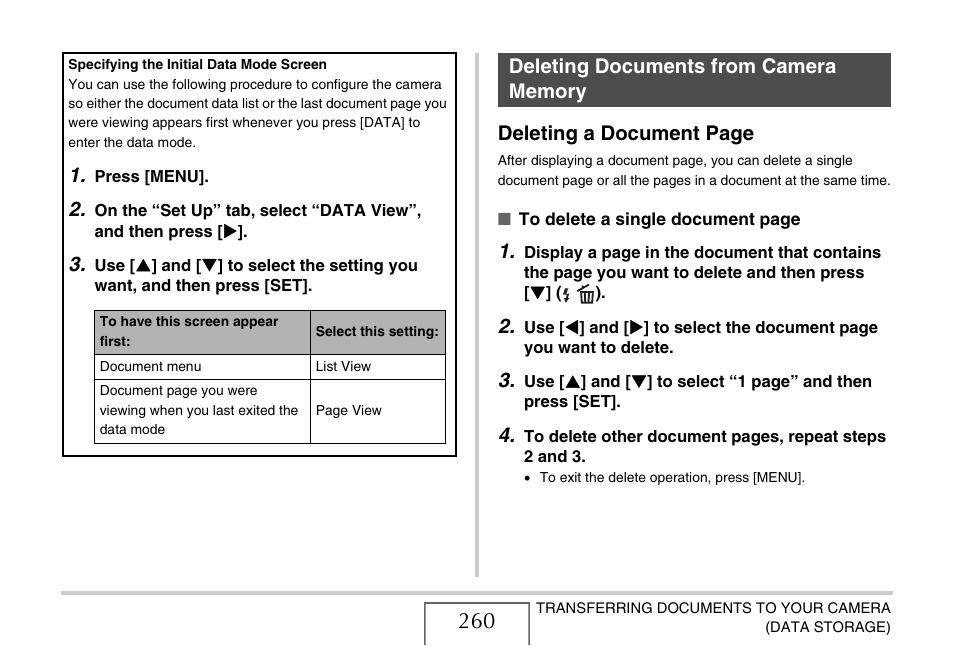 Deleting documents from camera memory, Deleting a document page | Casio EX-S770 User Manual | Page 260 / 290