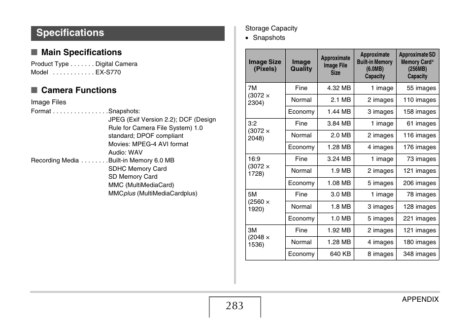 Specifications, Main specifications, Camera functions | Casio EX-S770 User Manual | Page 283 / 290