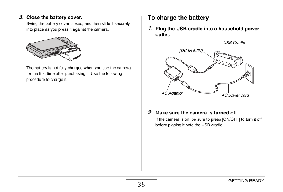 To charge the battery | Casio EX-S770 User Manual | Page 38 / 290