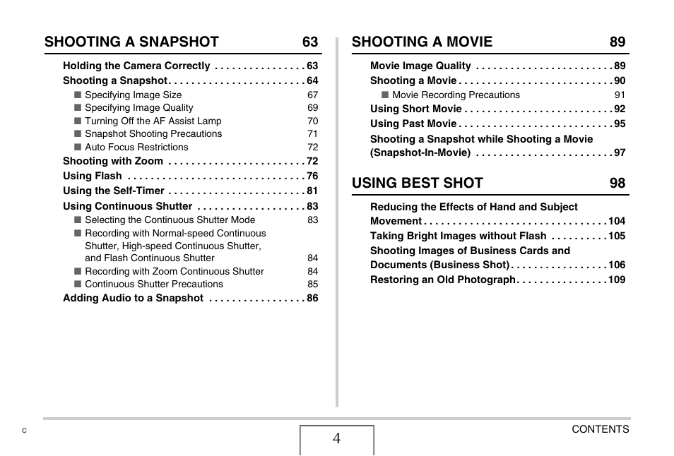 Shooting a snapshot 63, Shooting a movie 89, Using best shot 98 | Casio EX-S770 User Manual | Page 4 / 290