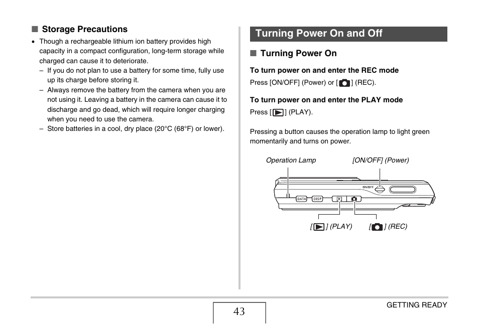 Turning power on and off | Casio EX-S770 User Manual | Page 43 / 290