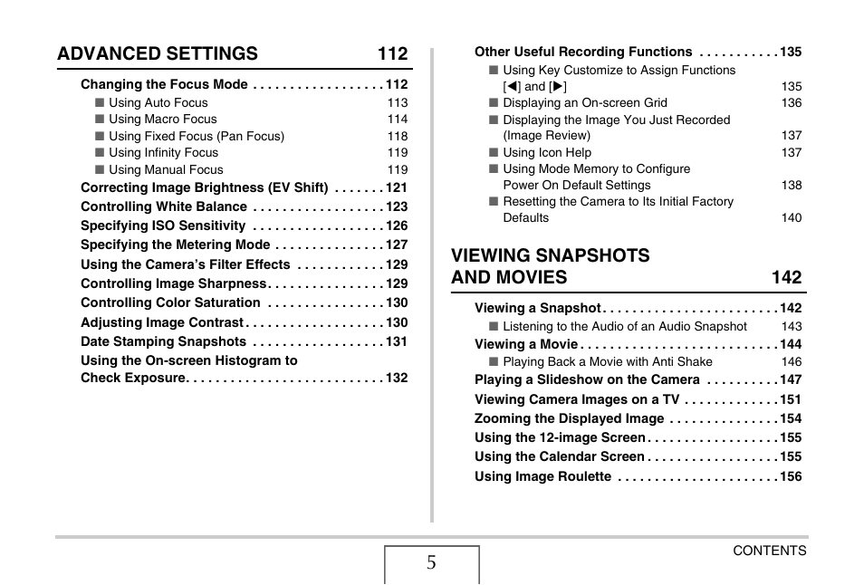 Advanced settings 112, Viewing snapshots and movies 142 | Casio EX-S770 User Manual | Page 5 / 290