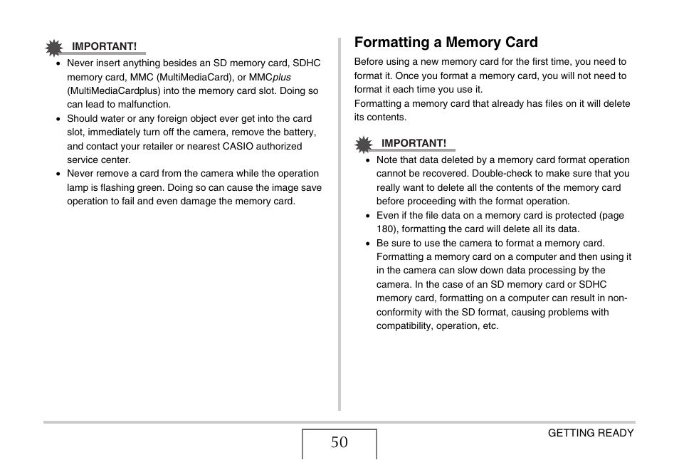 Formatting a memory card | Casio EX-S770 User Manual | Page 50 / 290