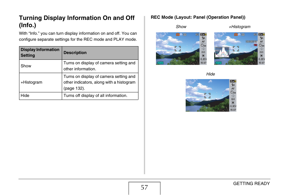 Turning display information on and off (info.) | Casio EX-S770 User Manual | Page 57 / 290