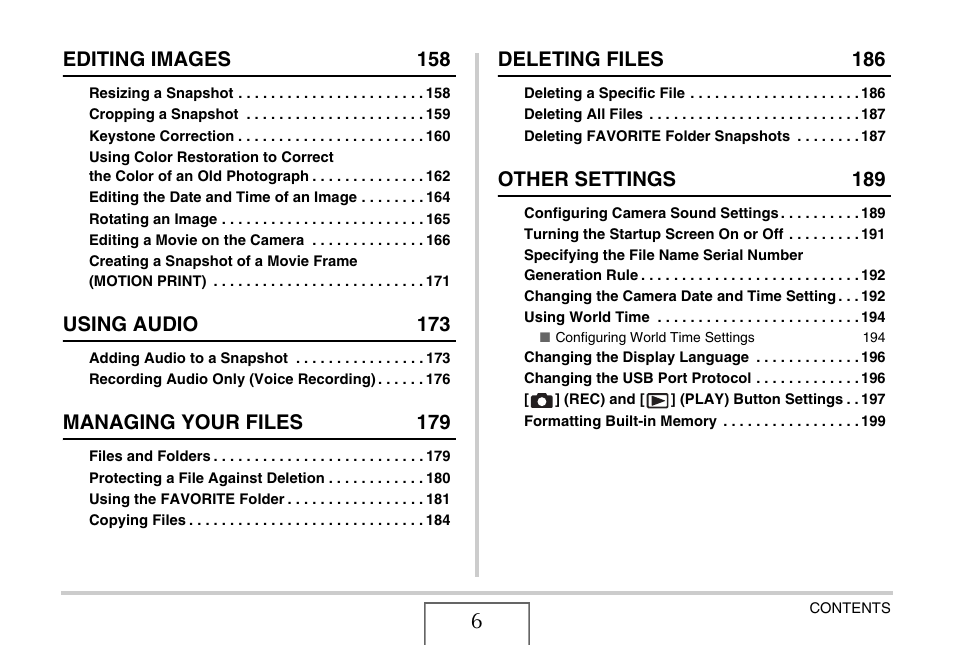 Editing images 158, Using audio 173, Managing your files 179 | Deleting files 186, Other settings 189 | Casio EX-S770 User Manual | Page 6 / 290