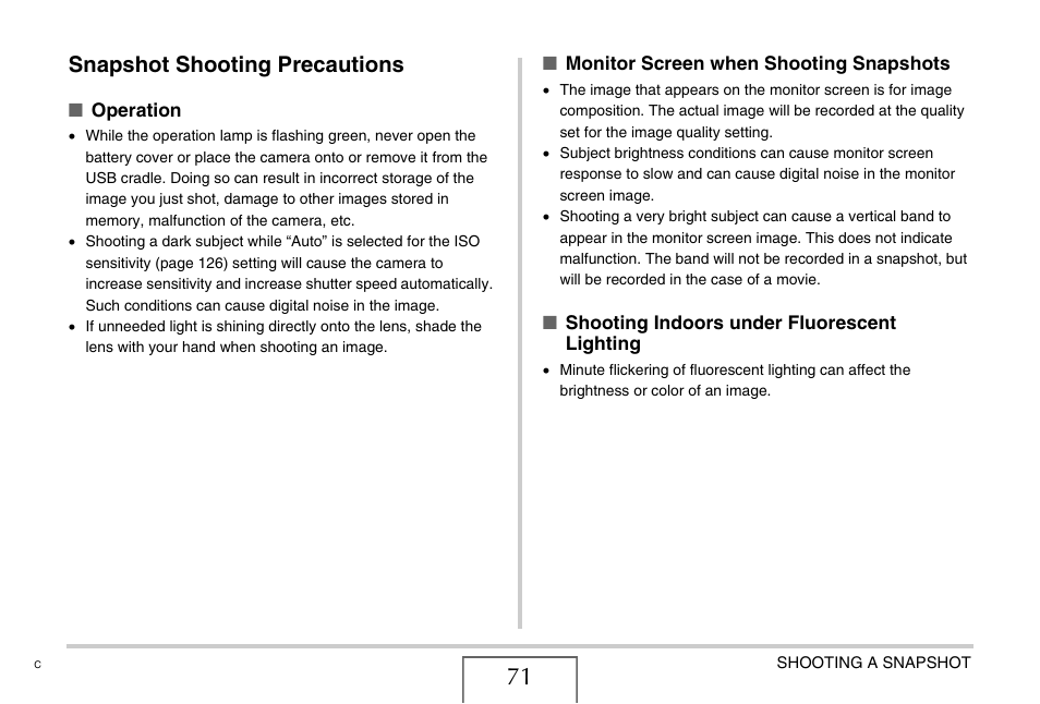 Snapshot shooting precautions | Casio EX-S770 User Manual | Page 71 / 290