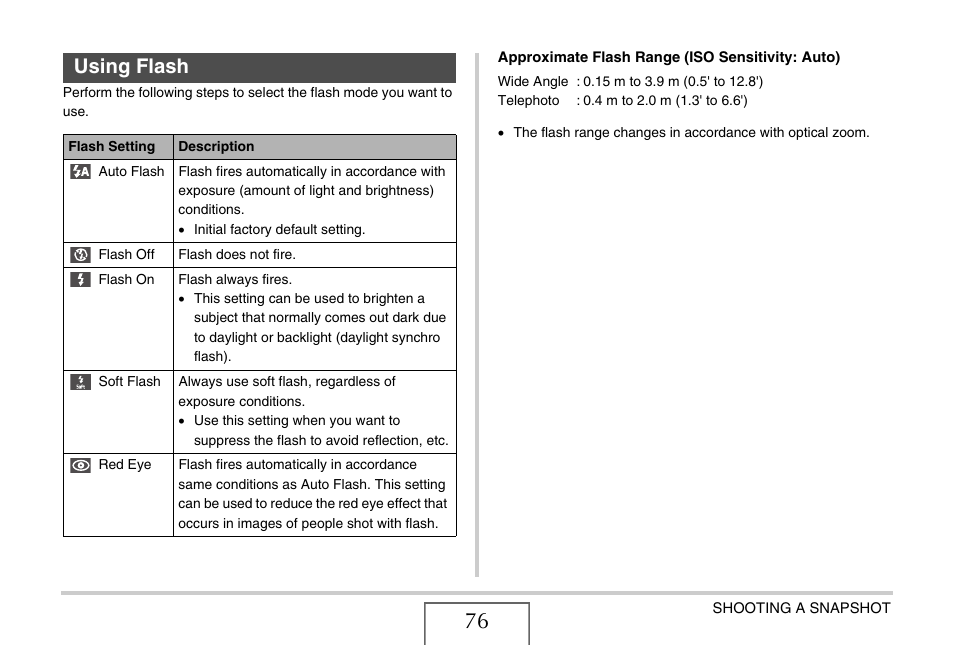 Using flash | Casio EX-S770 User Manual | Page 76 / 290