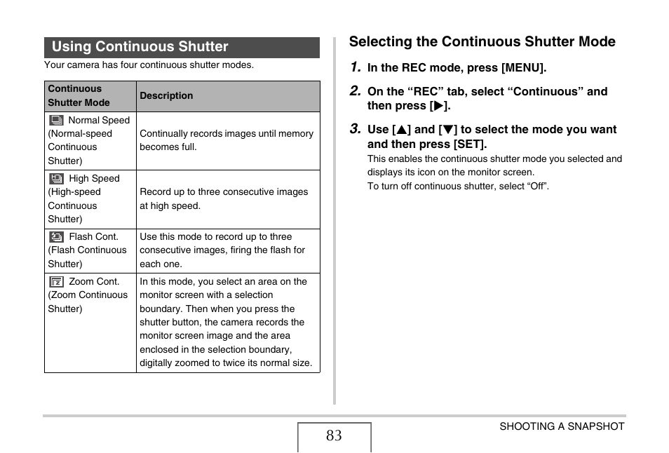 Using continuous shutter, Selecting the continuous shutter mode, Selecting the continuous shutter mode 1 | Casio EX-S770 User Manual | Page 83 / 290