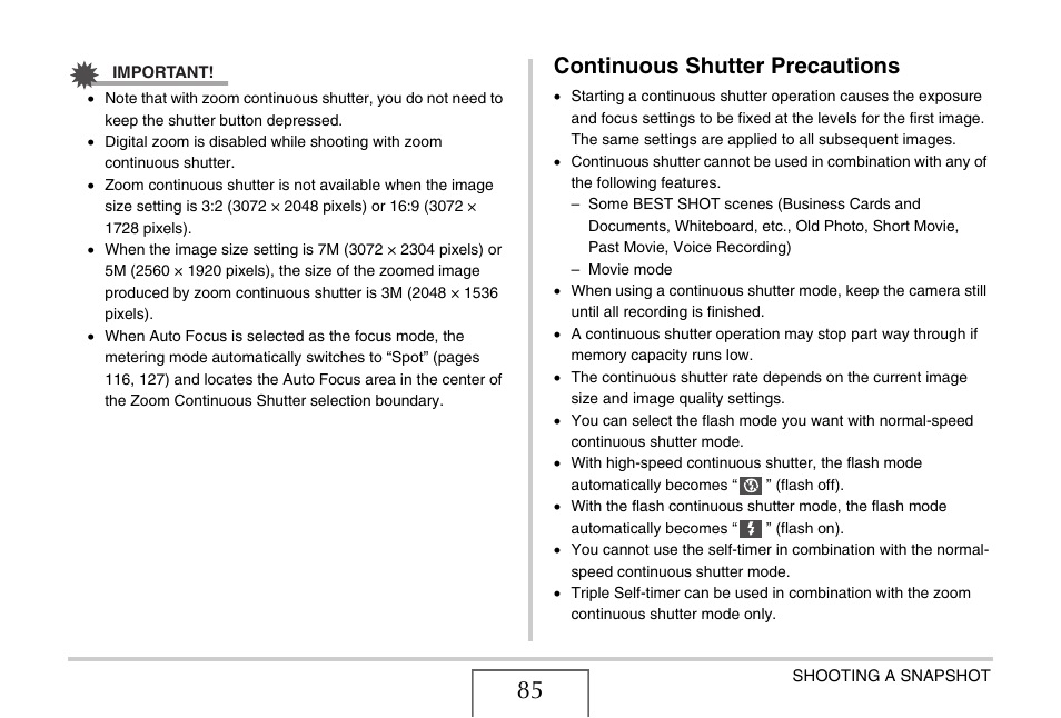 Continuous shutter precautions | Casio EX-S770 User Manual | Page 85 / 290