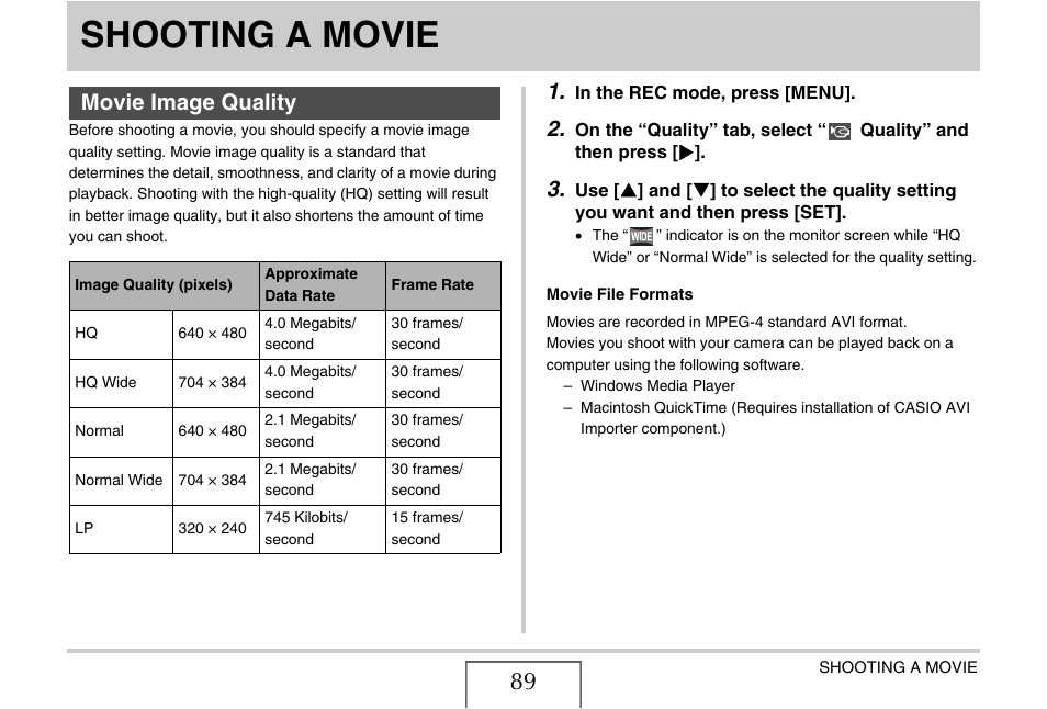 Shooting a movie, Movie image quality | Casio EX-S770 User Manual | Page 89 / 290