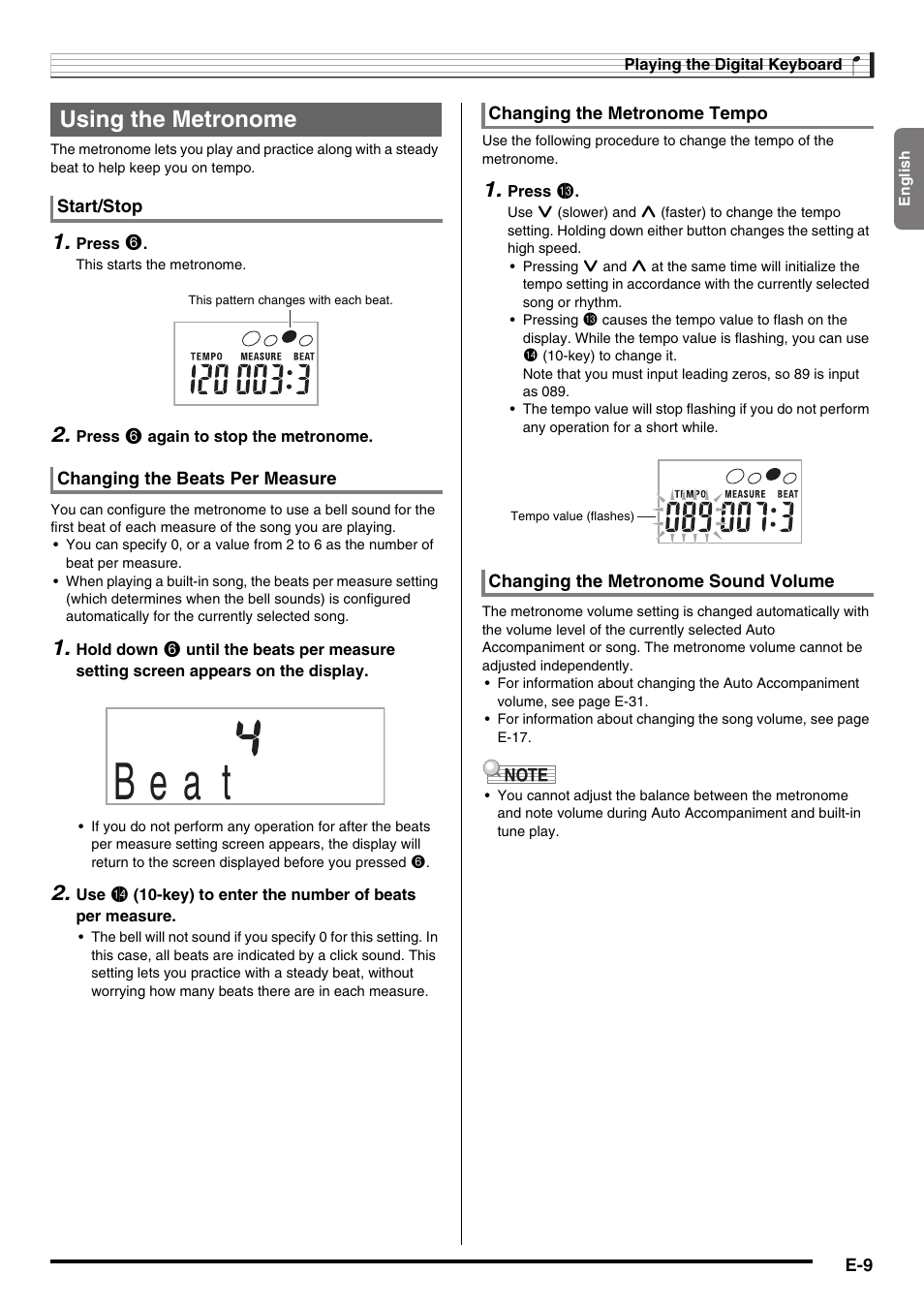 B e a t, Using the metronome | Casio LK-220 User Manual | Page 11 / 45