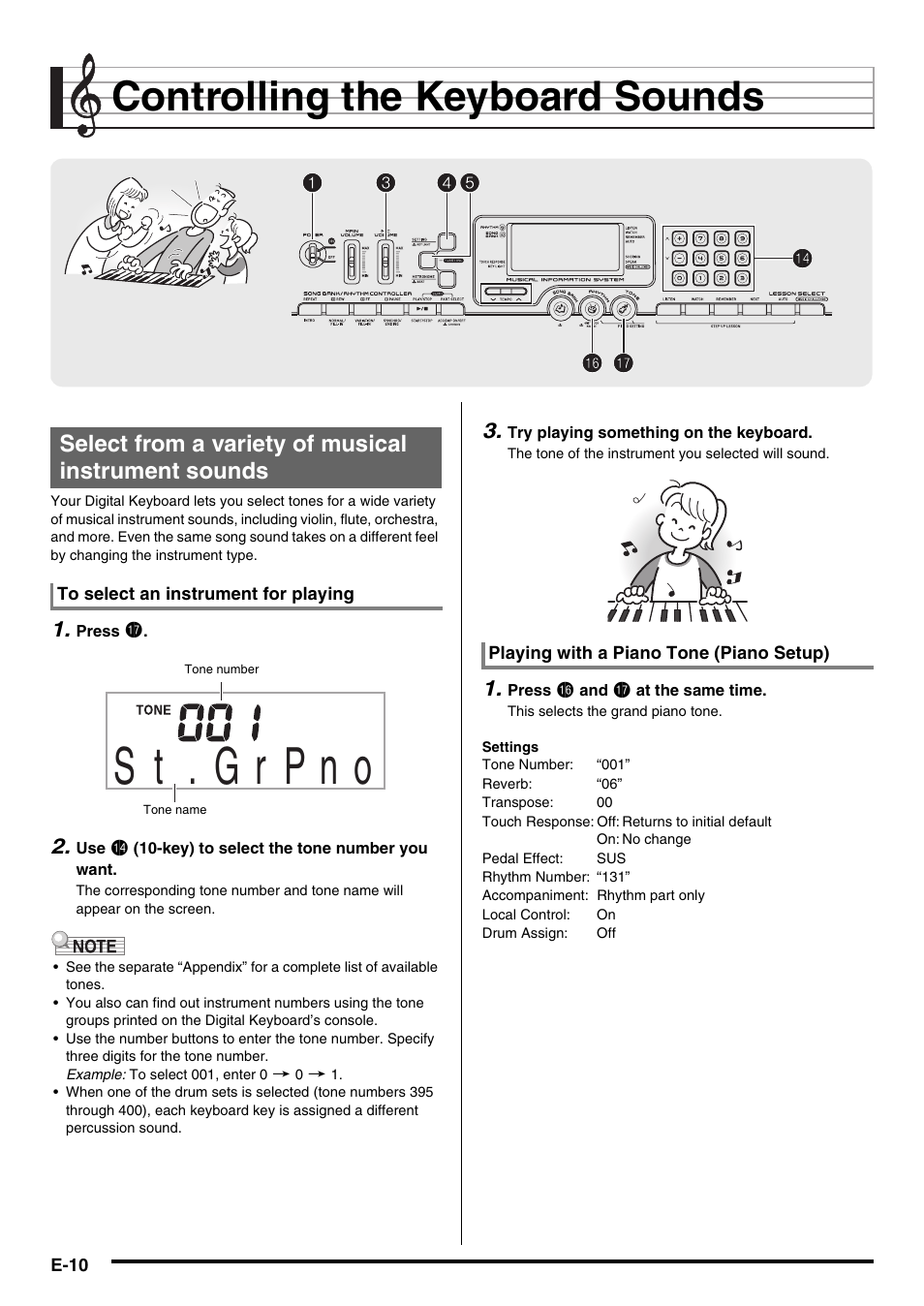 Controlling the keyboard sounds, Select from a variety of musical instrument sounds | Casio LK-220 User Manual | Page 12 / 45