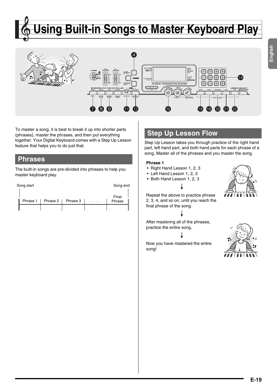 Using built-in songs to master keyboard play | Casio LK-220 User Manual | Page 21 / 45