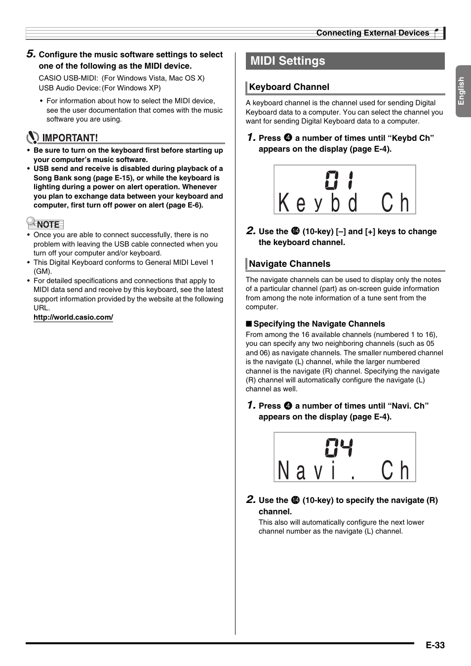 Midi settings | Casio LK-220 User Manual | Page 35 / 45