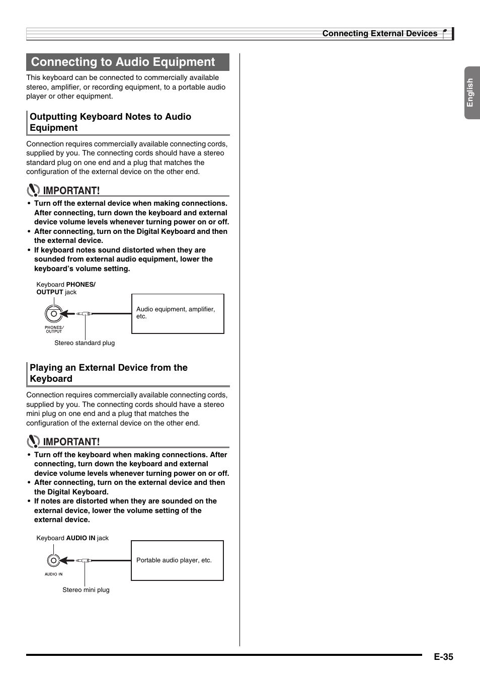 Connecting to audio equipment, E-35 | Casio LK-220 User Manual | Page 37 / 45