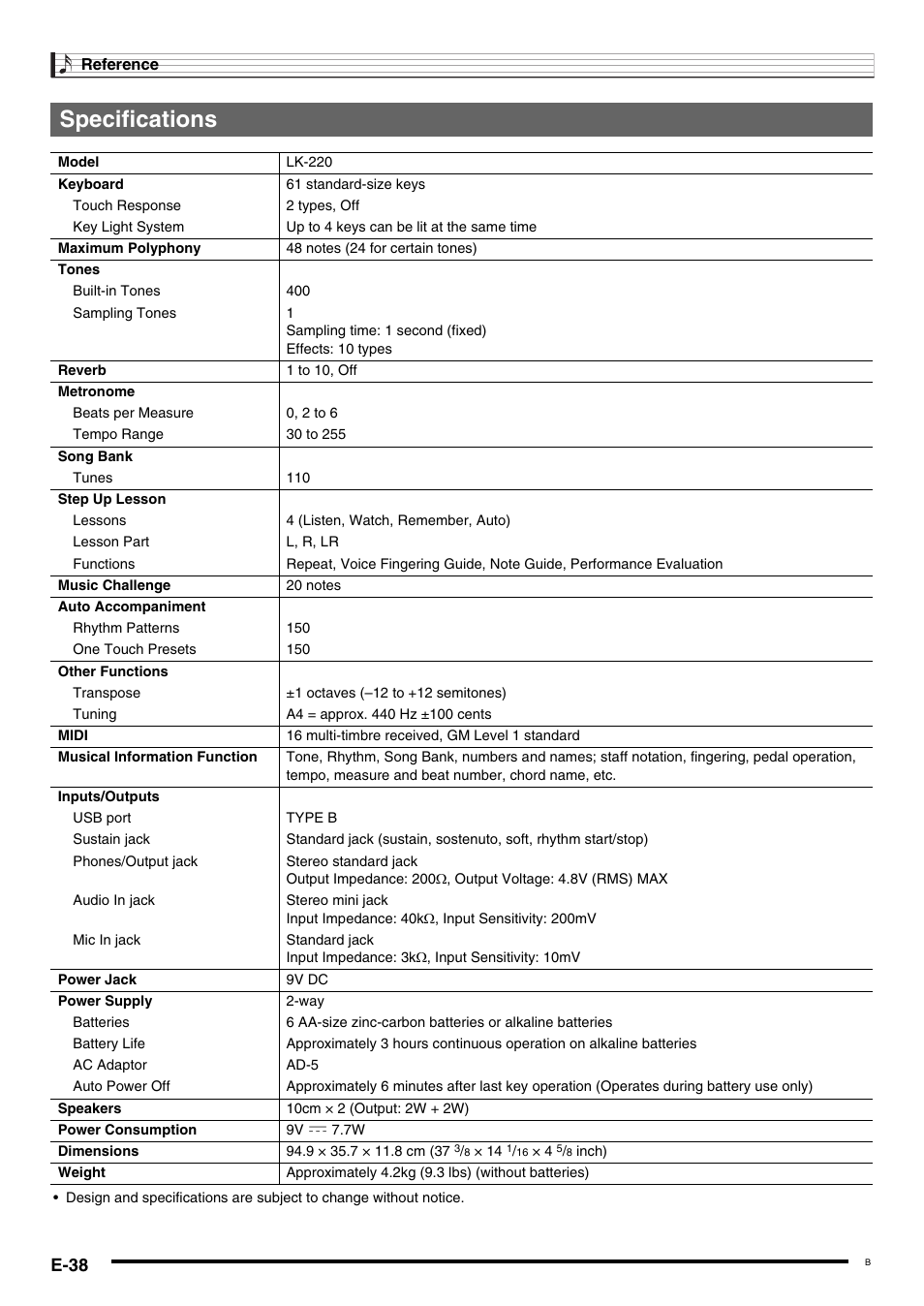 Specifications, E-38 | Casio LK-220 User Manual | Page 40 / 45