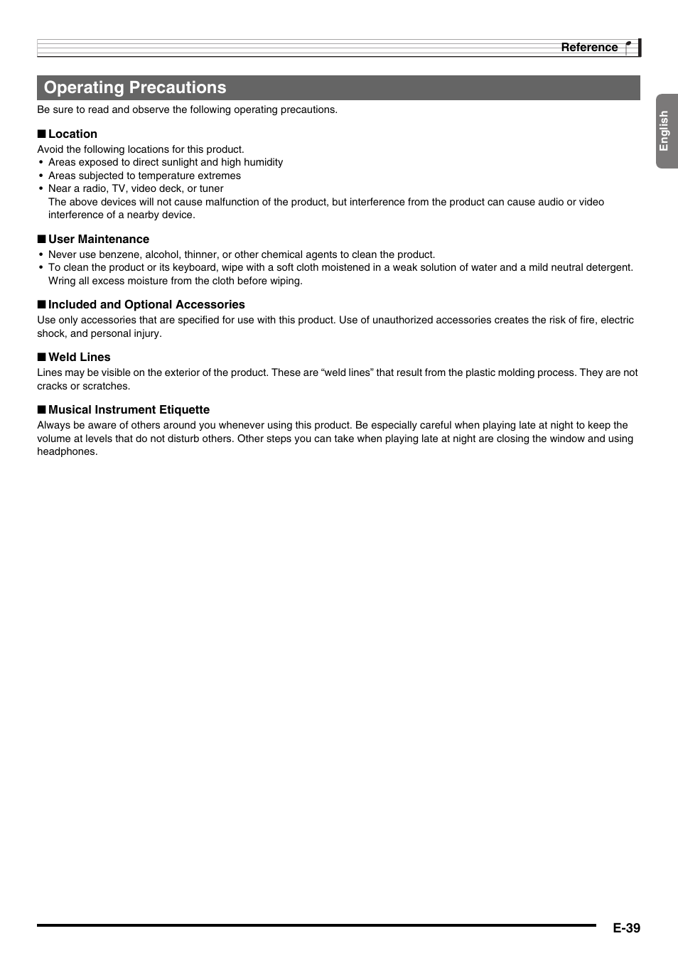 Operating precautions | Casio LK-220 User Manual | Page 41 / 45