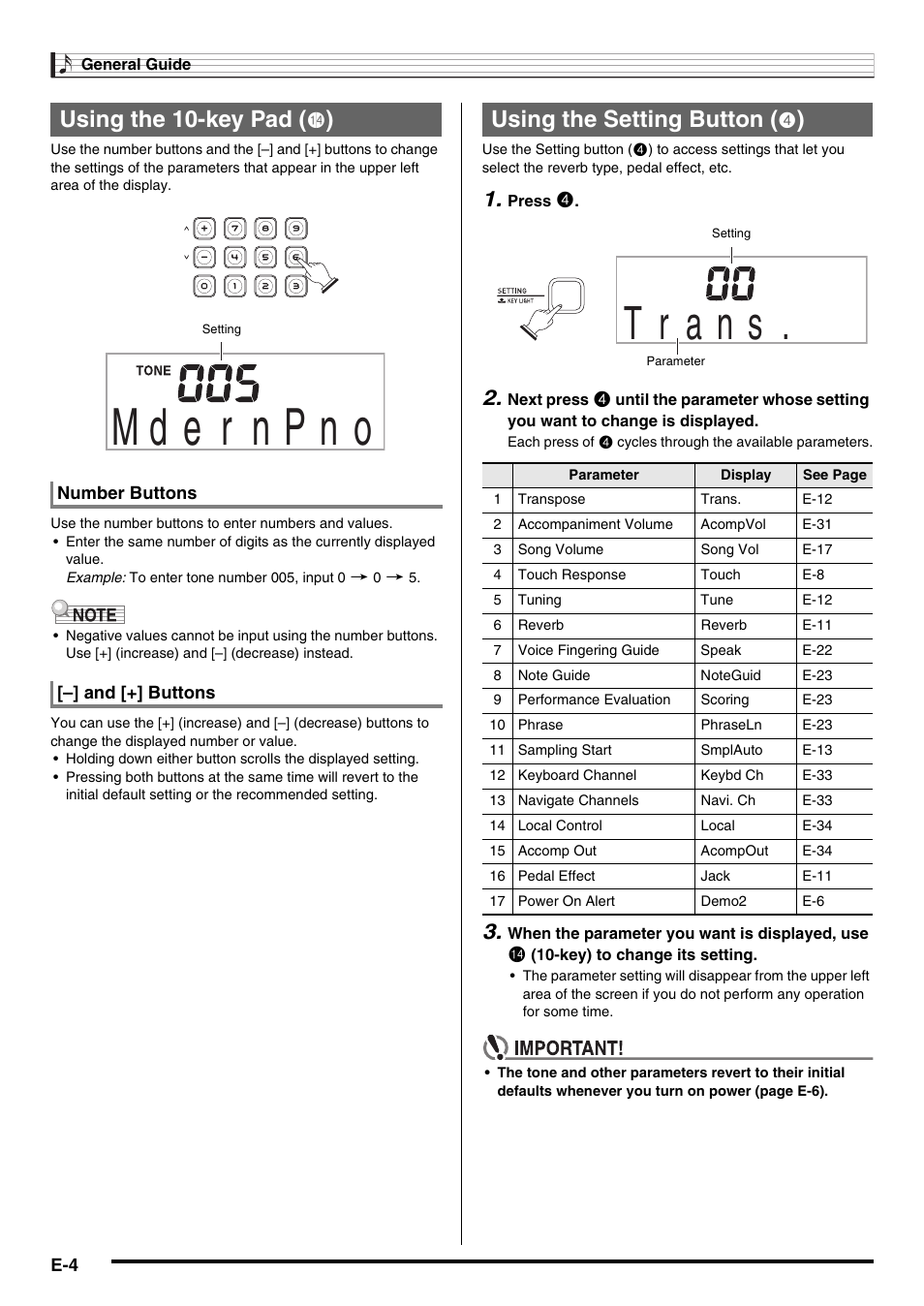 Using the 10-key pad, Using the setting button | Casio LK-220 User Manual | Page 6 / 45
