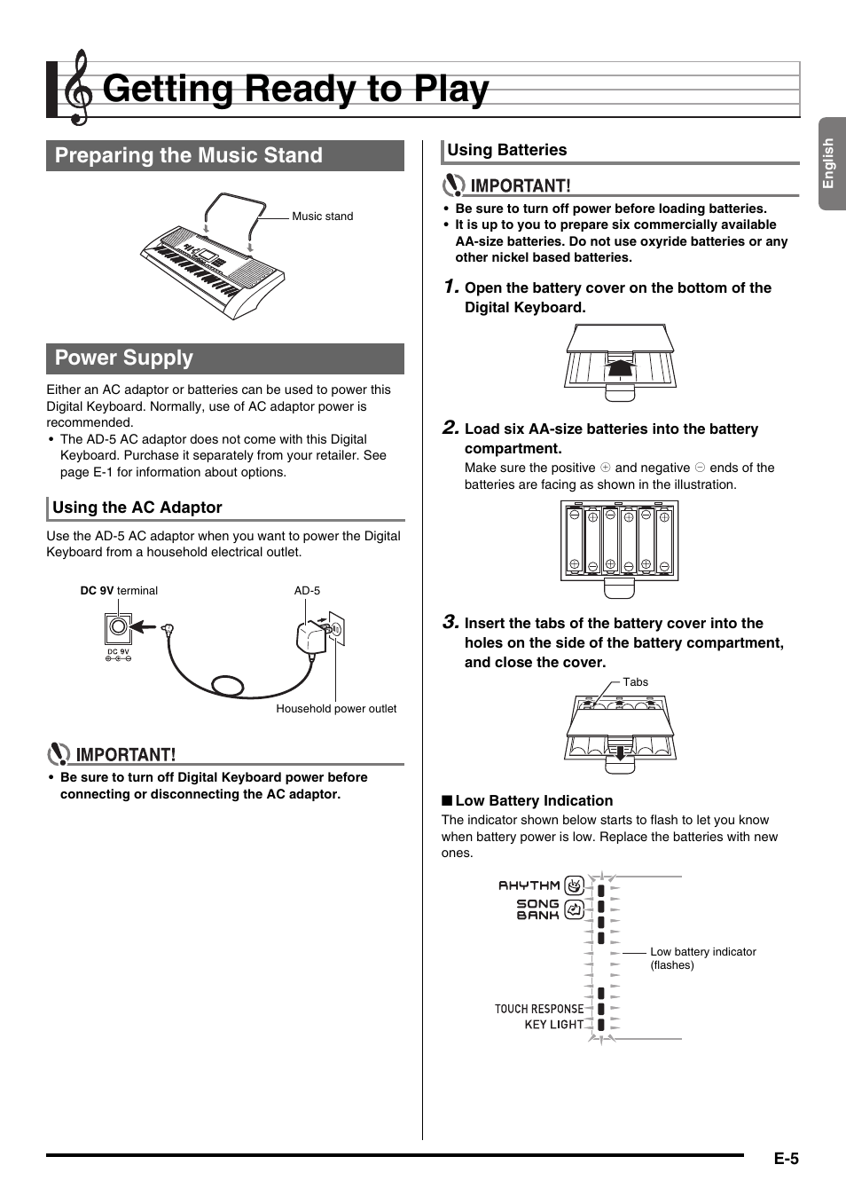 Getting ready to play, Preparing the music stand power supply | Casio LK-220 User Manual | Page 7 / 45