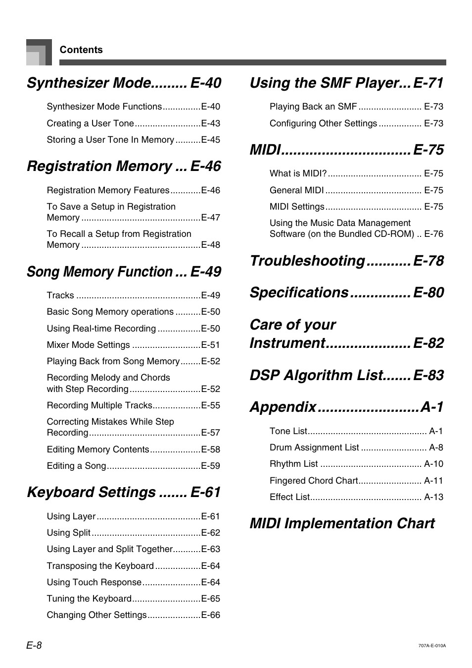 Synthesizer mode......... e-40, Keyboard settings ....... e-61, Using the smf player... e-71 | Midi................................ e-75, Midi implementation chart | Casio CTK900 User Manual | Page 10 / 116