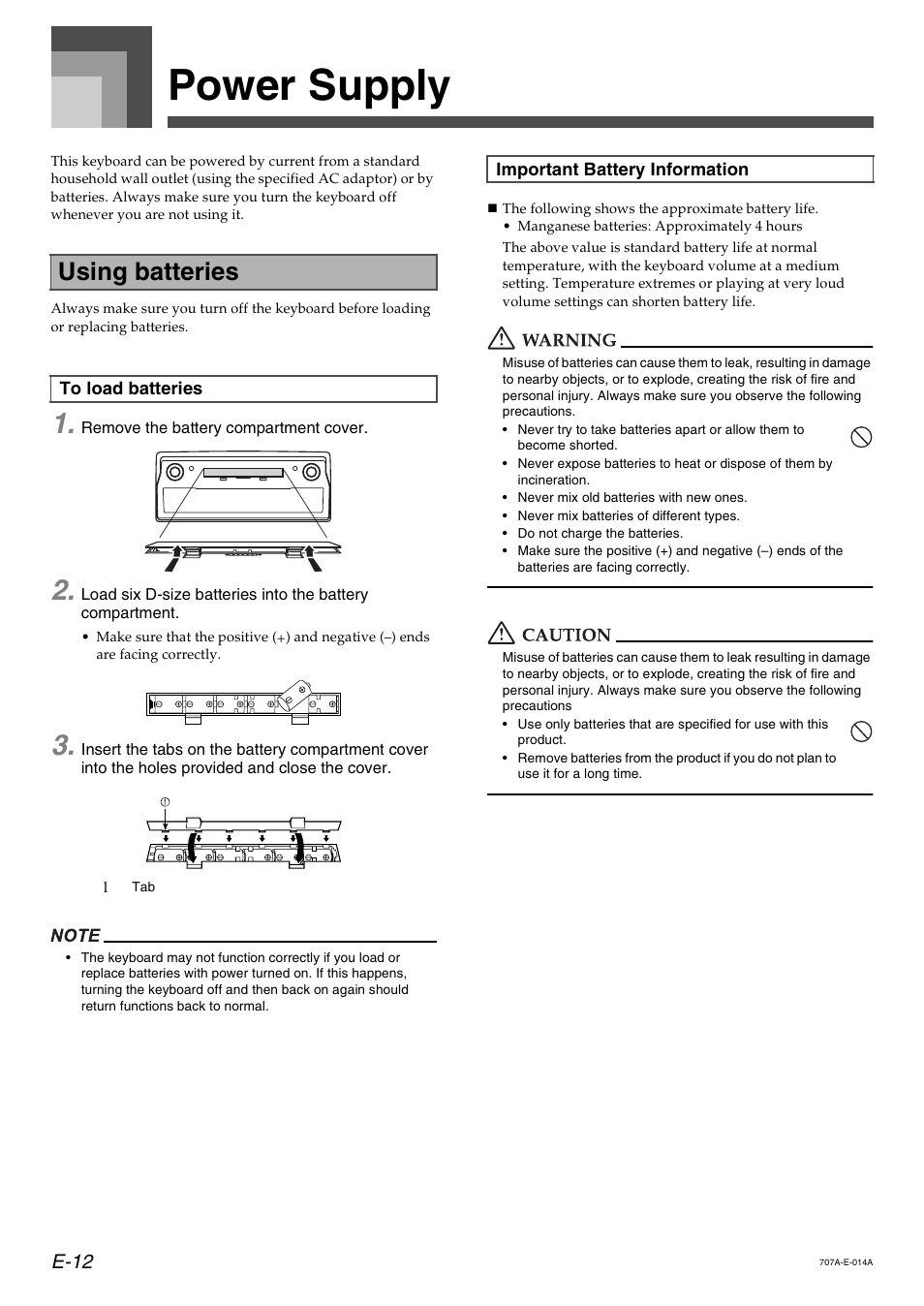 Power supply, Using batteries, E-12 | Casio CTK900 User Manual | Page 15 / 116