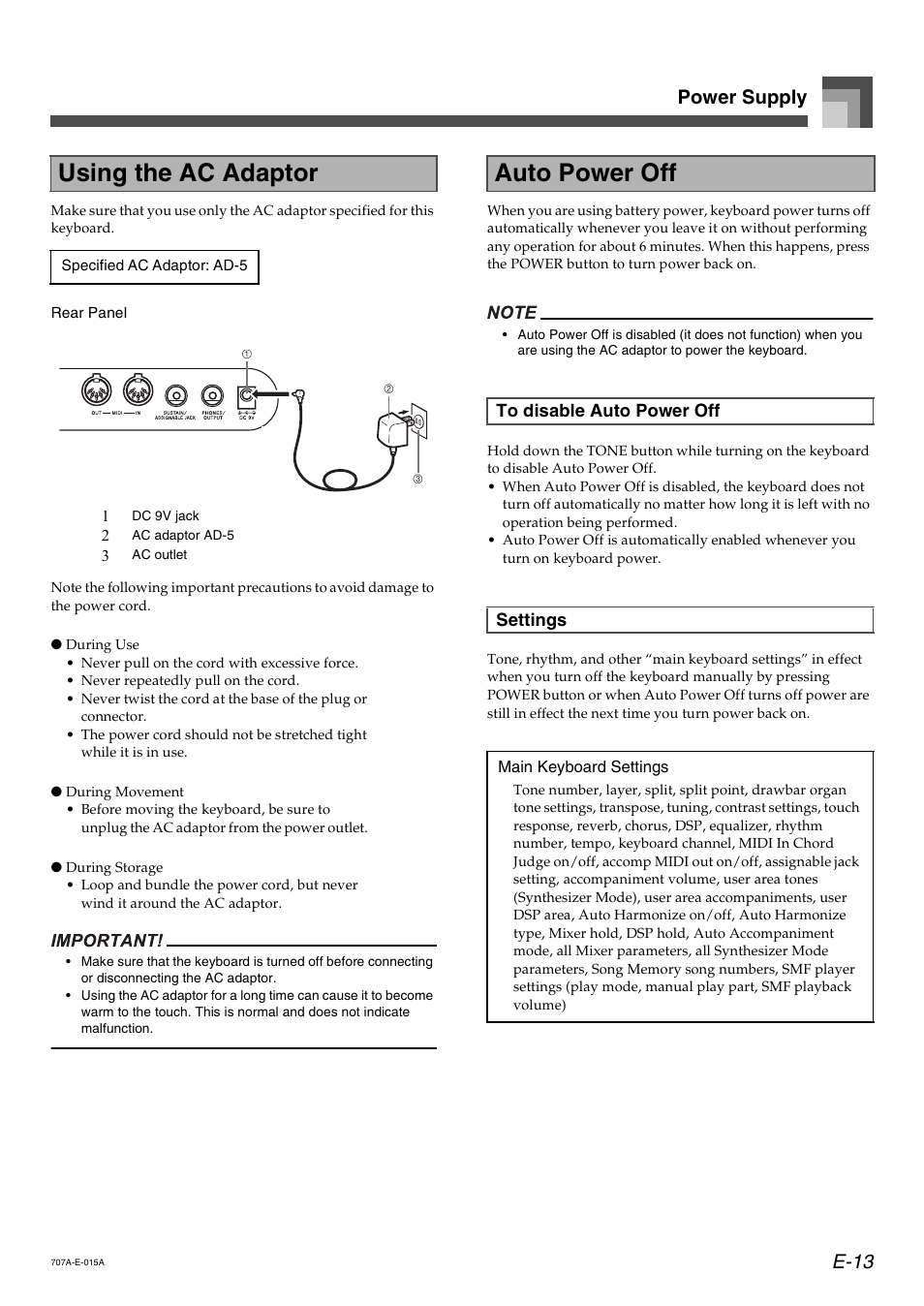 Using the ac adaptor, Auto power off, E-13 power supply | Casio CTK900 User Manual | Page 16 / 116