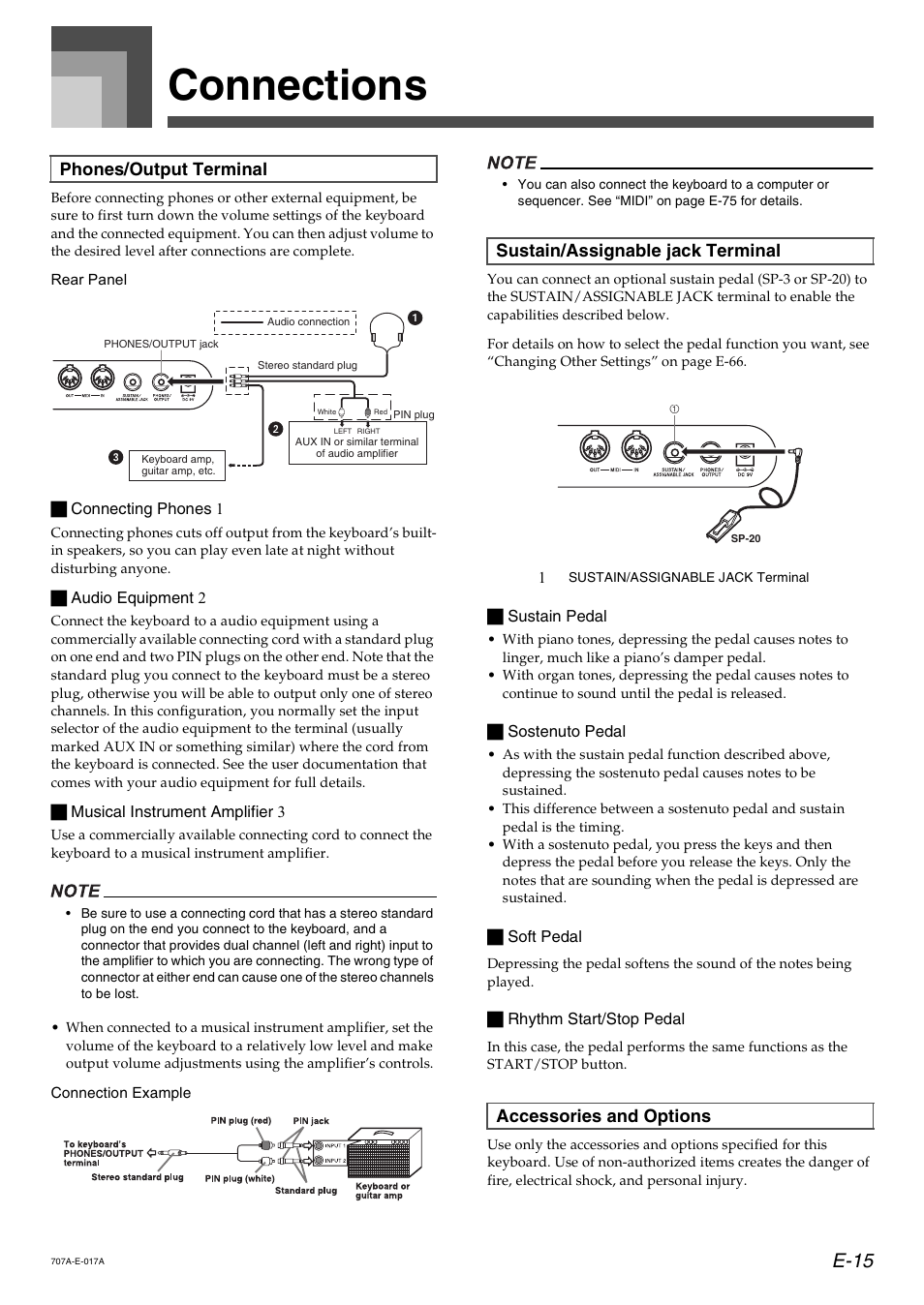 Connections, E-15, Phones/output terminal | Casio CTK900 User Manual | Page 18 / 116