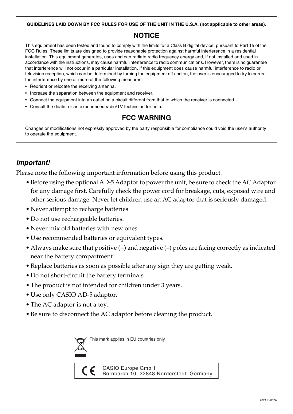 Important, Notice, Fcc warning | Casio CTK900 User Manual | Page 2 / 116