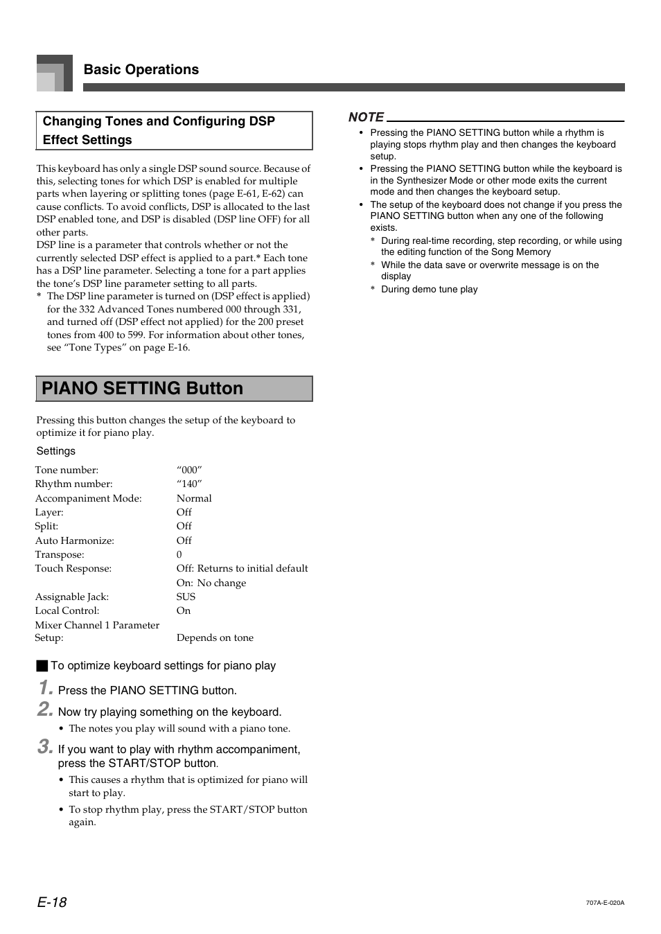 Piano setting button, Basic operations e-18 | Casio CTK900 User Manual | Page 21 / 116