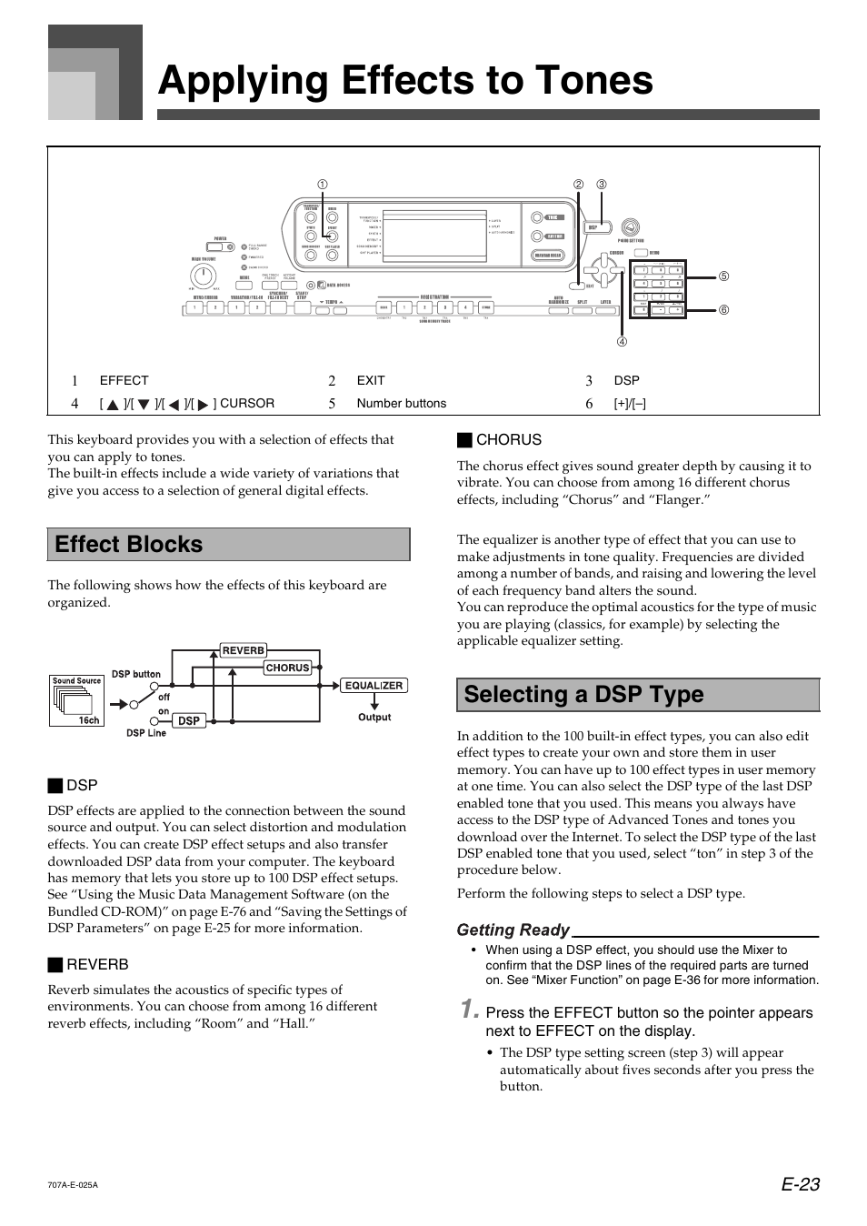 Applying effects to tones, Effect blocks selecting a dsp type, E-23 | Casio CTK900 User Manual | Page 26 / 116