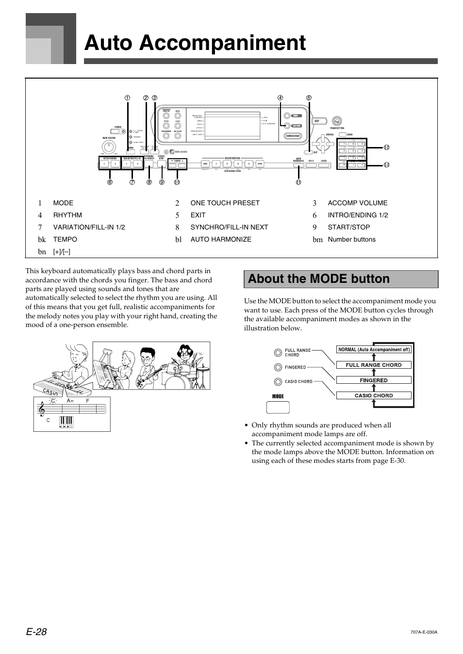 Auto accompaniment, About the mode button, E-28 | Casio CTK900 User Manual | Page 31 / 116