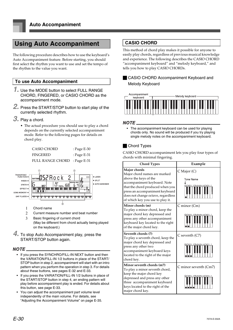 Rk 2 c o, Using auto accompaniment, Auto accompaniment e-30 | Casio CTK900 User Manual | Page 33 / 116