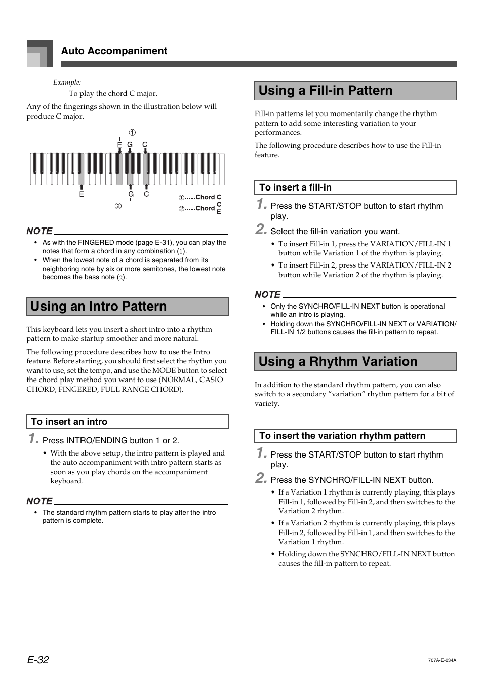 Using an intro pattern, Using a fill-in pattern, Using a rhythm variation | Auto accompaniment e-32 | Casio CTK900 User Manual | Page 35 / 116