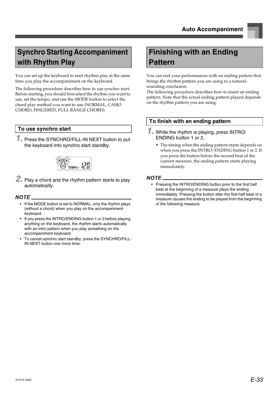 Synchro starting accompaniment with rhythm play, Finishing with an ending pattern | Casio CTK900 User Manual | Page 36 / 116